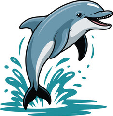 Obraz premium Jumping Dolphin Vector Illustration with Splash Water in Cute Cartoon Style, Playful Marine Mammal Isolated on White Background.