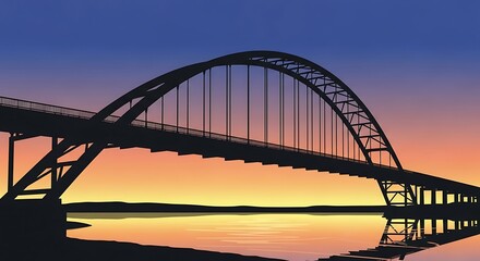 Obraz premium Silhouette of a large bridge at sunset.