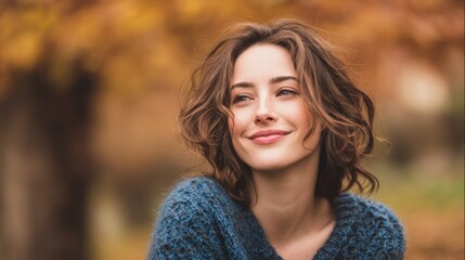 Naklejka premium Smiling caucasian young female in autumn sweater outdoors.
