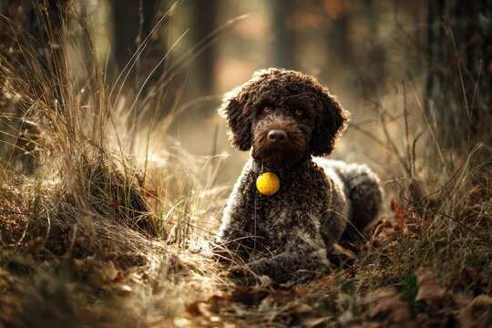 Lagotto Romagnolo dog enjoying autumn in the forest while resting and preparing for truffle hunting activities