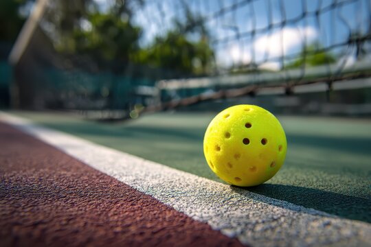 Outdoor pickleball court with a vibrant yellow ball resting along the sidelines during a sunny afternoon