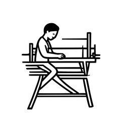 Fototapeta premium Minimalist pictogram of artisan weaving on loom with bold lines, textile craft icon, white background, hand-drawn style illustration for digital design
