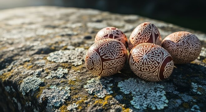 Eggs with Celtic knots carved into their shells, resting on an ancient lichen-covered stone. AI generated.
