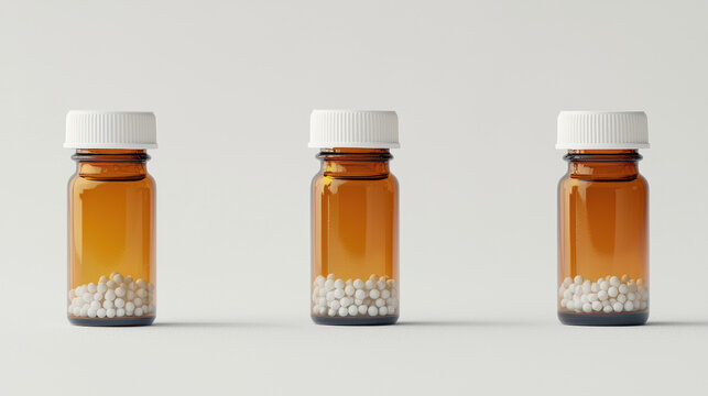 Three small brown glass bottles containing white homeopathic pills are arranged neatly on a plain white surface in a studio setting, showcasing natural medicine.