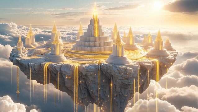 Fantasy scene with white heaven city with golden temples and energy waterfalls, floating above the sky. The realm of Gods
