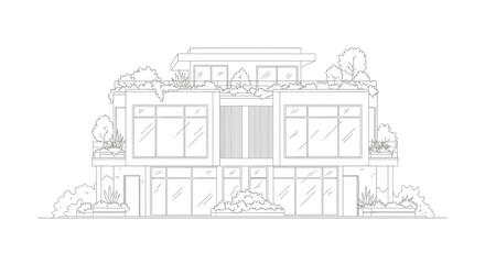 Obraz premium Duplex House Line Art Vector Illustration | Modern Residential Building Outline | Architectural Home Design