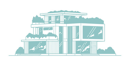 Fototapeta premium Duplex House Line Art Vector Illustration | Modern Residential Building Outline | Architectural Home Design