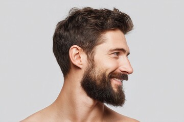 Obraz premium Happy brunette man with beard smiling from the side in a bright setting, showcasing a relaxed and cheerful expression during a casual moment