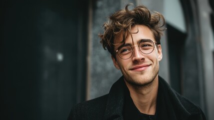 Obraz premium Young caucasian male with glasses smiling outdoors.