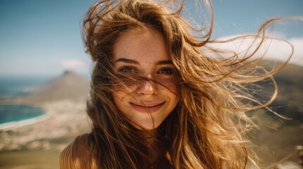 Fototapeta premium Carefree young caucasian female with windswept hair smiling outdoors.