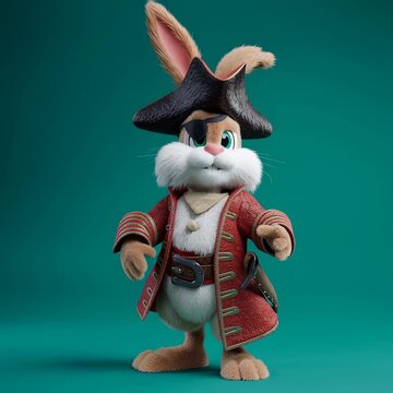 Un conejito pirata con un parche en el ojo y un traje rojo, posando con un sable.