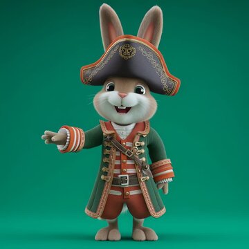 Un conejito vestido de capit&aacute;n pirata posa con una expresi&oacute;n decidida.