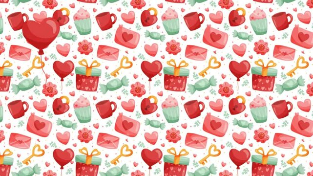 A vibrant pattern of hearts, gifts, and strawberries creates a festive atmosphere, showcasing love and celebration