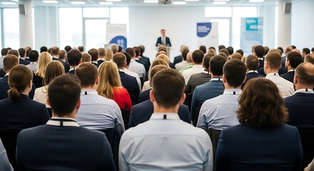 Fototapeta premium Large audience listening to a speaker at a conference in a bright room with blue banners podium