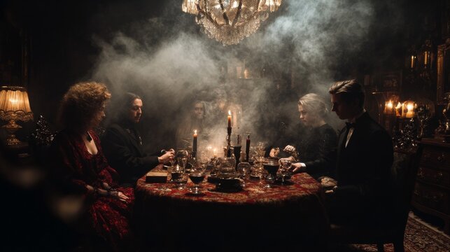 Victorian occult s&eacute;ance atmosphere with candles, antique table, and ghostly abstract light. Mysterious spiritual background ideal for Halloween, history, mysticism, and gothic design projects.
