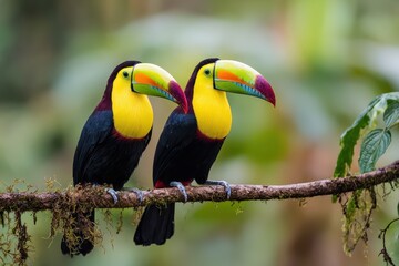 Obraz premium Toucan pair perched on a branch amidst lush green forest foliage in the early morning light, showcasing vibrant colors and majestic features typical of tropical wildlife