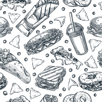 Street food seamless pattern. Vector sketch design for cafe bar menu, print, takeaway package, wrapping paper, textile