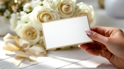 Obraz premium A beautiful hand holding a blank card near elegant roses. The setting is bright and soft, perfect for weddings or special occasions. Showcase creativity with this blank space. AI