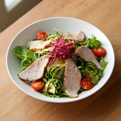 Delicious healthy salad with grilled chicken and vegetables in a white bowl on wooden table