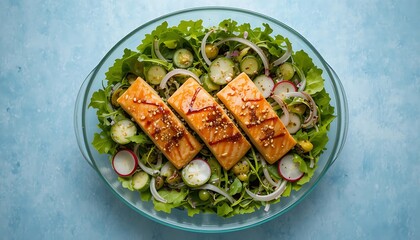 Delicious salmon fillets on mixed greens salad bowl