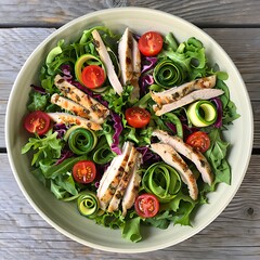 Delicious mixed green salad with grilled chicken and vegetables