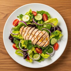 Grilled chicken breast on mixed green salad plate
