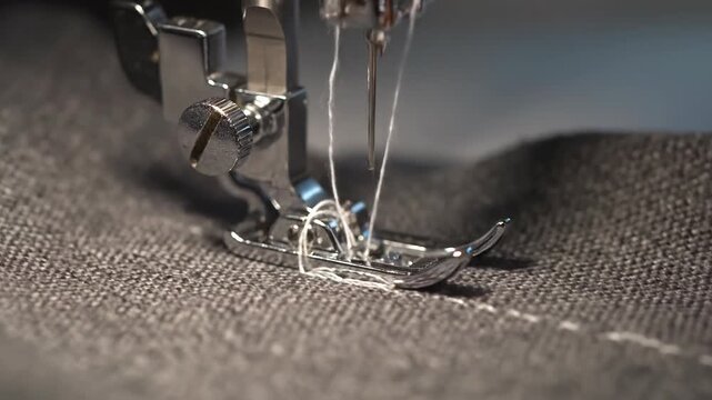 Close-up of sewing machine needle stitching grey fabric with white thread, macro shot