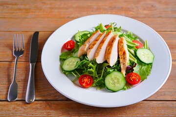 Grilled chicken breast slices on mixed green salad