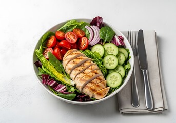 Grilled chicken breast salad with vegetables in bowl