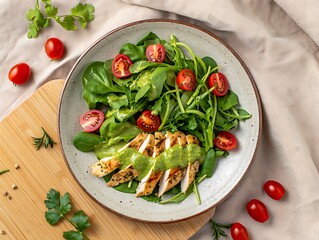 Healthy salad with grilled chicken and vegetables on plate