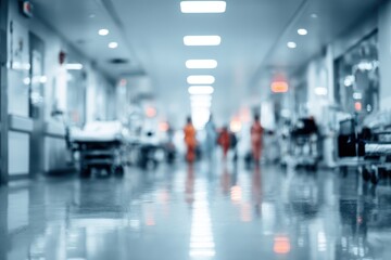Fototapeta premium Blurred interior of a hospital corridor depicting a busy medical environment filled with healthcare professionals and patients in motion