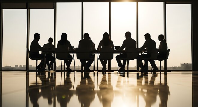 Silhouettes of people sitting around a conference table in a modern office with large windows meeting