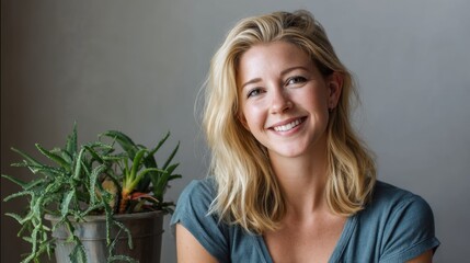 Naklejka premium Young caucasian female smiling indoors next to succulent plant.