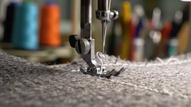 Close-up of sewing machine needle stitching grey fabric, with colorful thread spools in background.