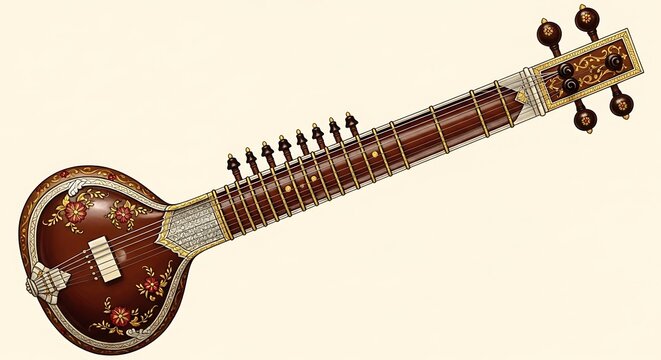 Indian Sitar Musical Instrument Isolated.