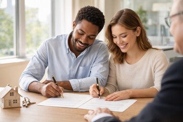 Obraz premium Couple happily signing documents in a bright office setting