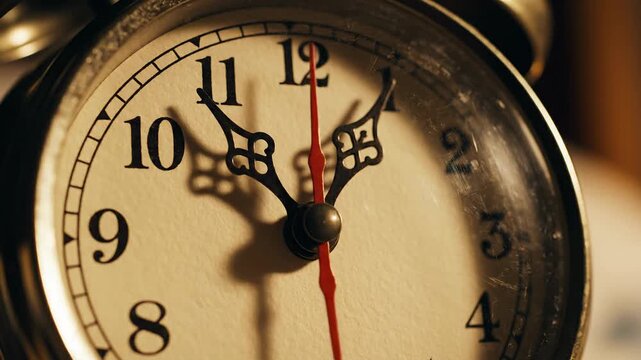 Close-up of vintage alarm clock ticking, showing time passing