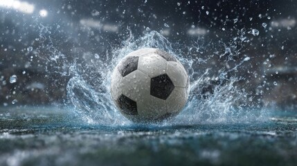 Naklejka premium Soccer ball splashing on wet stadium field under bright stadium lights.