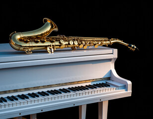 Golden saxophone and a white piano on top of a jazz stage with a glossy black background.