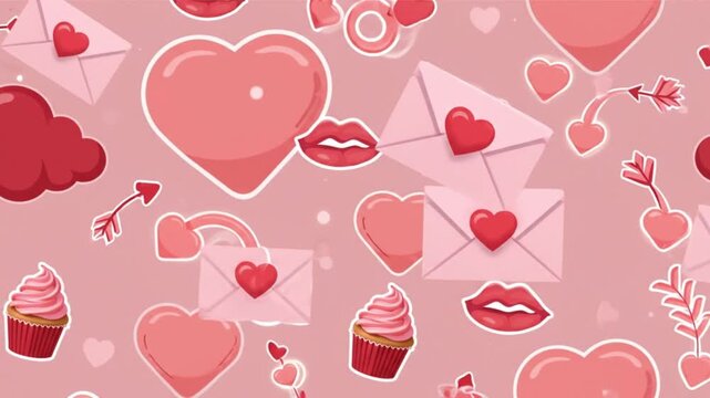 Valentines day illustration featuring hearts, lips, and cupcakes in a festive pattern with envelopes and clouds in a soft pink background