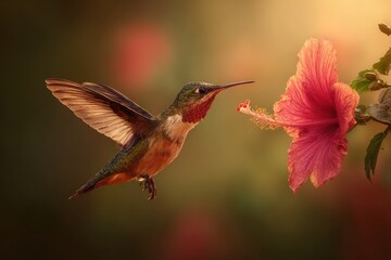 Fototapeta premium Hummingbird approaches vibrant hibiscus flower to collect sweet nectar in a tranquil garden setting during golden hour