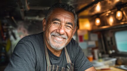 Fototapeta premium Hispanic mature male chef smiling inside food truck with warm lighting.