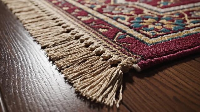 Close-up of a traditional Persian rug with intricate patterns and fringe on a wooden floor.