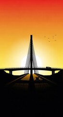 Obraz premium Silhouette of a cable-stayed bridge at sunset.