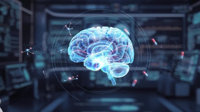 Close up of robotic hand pointing and tapping at brain hologram with blur laboratory background. Robot hand clicking at brain icon to access and connect medical data to diagnosis symptom. Salubrious.