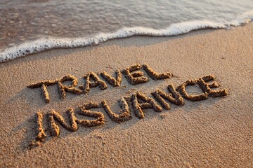 Fototapeta premium Travel insurance concept written in sandy beach, highlighting importance of protection during vacations and journeys at coastal destination
