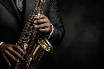 Obraz premium Jazzman plays saxophone with passion in a dimly lit studio, showcasing musical artistry and dedication to the craft during an evening performance
