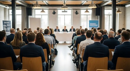Obraz premium Conference room with people seated facing a panel of speakers at the front meeting audience