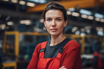 Fototapeta premium Determined female factory employee stands confidently in industrial workspace showcasing dedication and expertise in her role