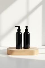 two elegant, jet black pump bottles rest gracefully on a smooth, pale wooden platform that exudes warmth and subtle grain, The backdrop is a pristine, minimalist expanse of white